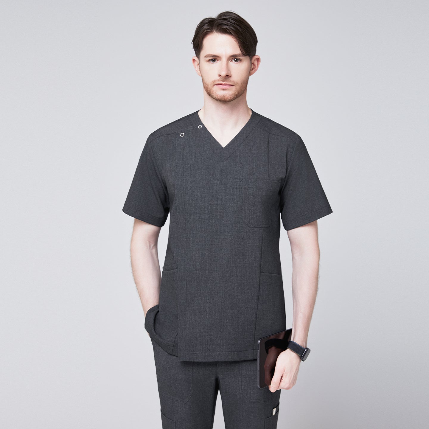 Zenir | Men's Front Zipper Scrub Top - Charcoal Gray