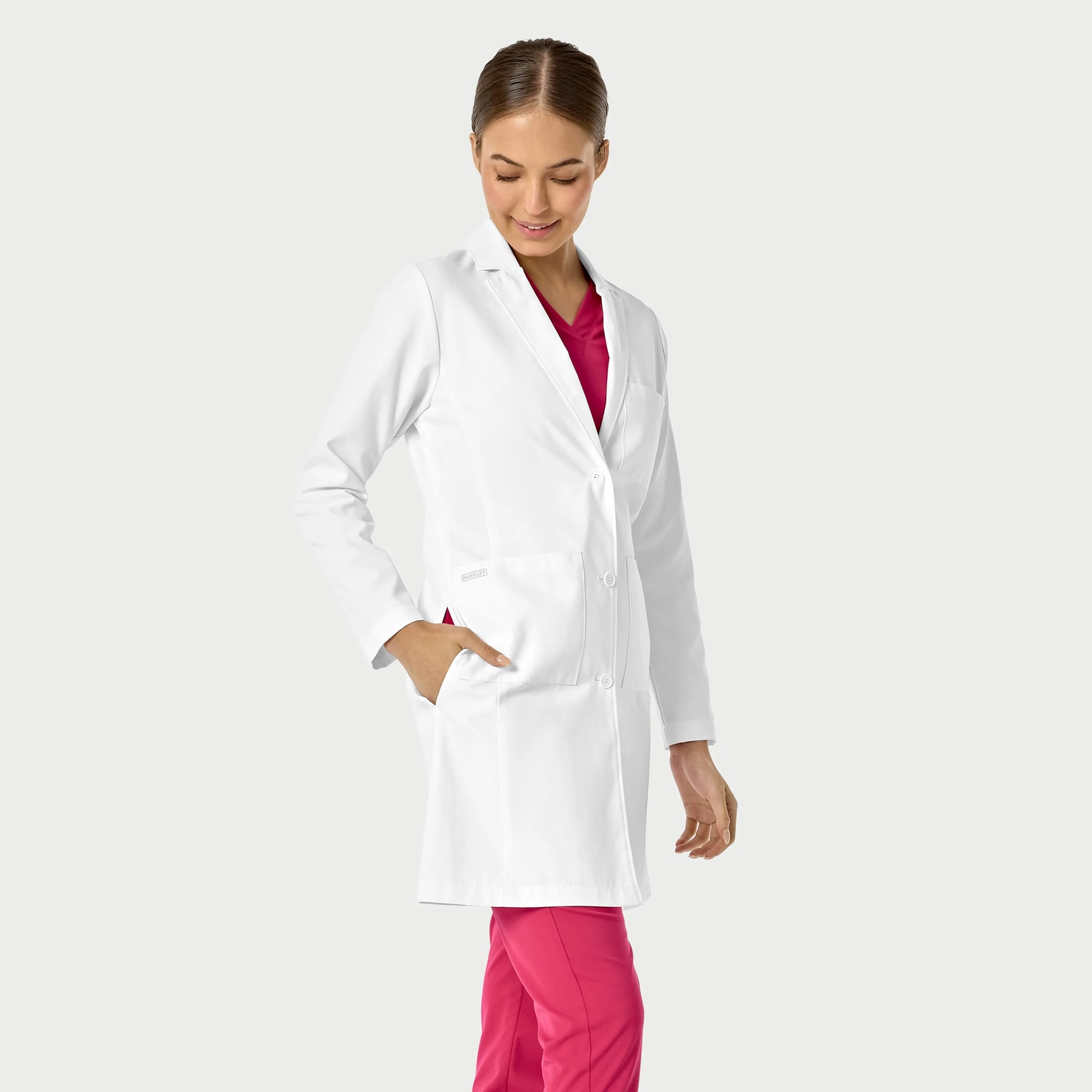 Women's Long Lab Coat, women long lab coat, women long lab, long lab coat, women long, long lab, lab coat, women, long, lab, coat, body length size, length size one, size one chest, one chest pocket, chest pocket two, pocket two large, two large bottom