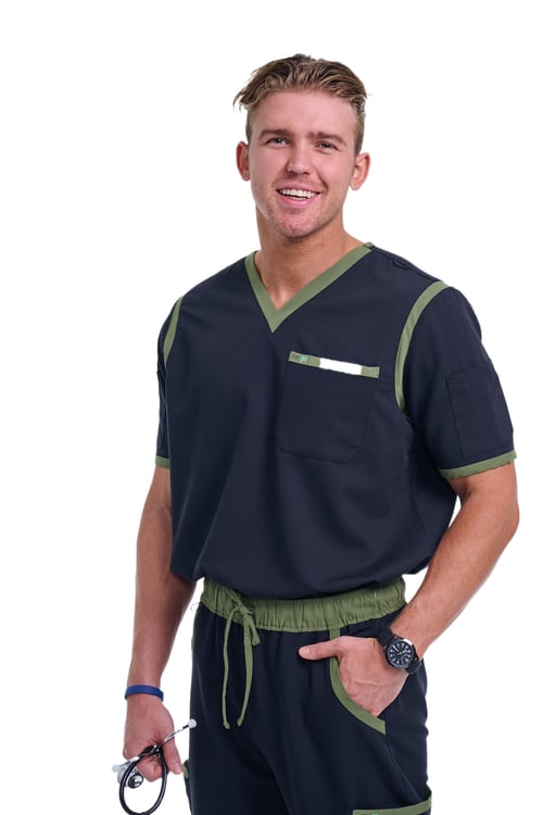 Men's Jet Black / Olive V-Neck Scrub Top