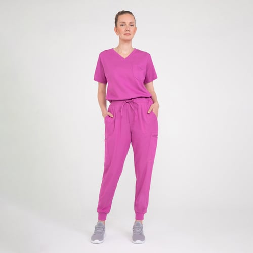 Antimicrobial Women’s Scrub Set Fuchsia V-neck Top & Jogger Pants