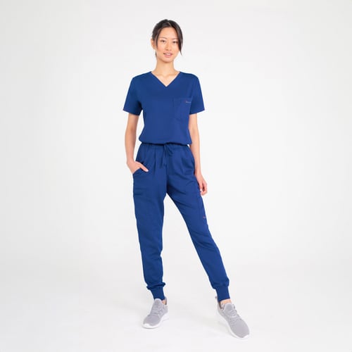 Antimicrobial Women’s Scrub Set Navy Blue V-neck Top & Jogger Pants