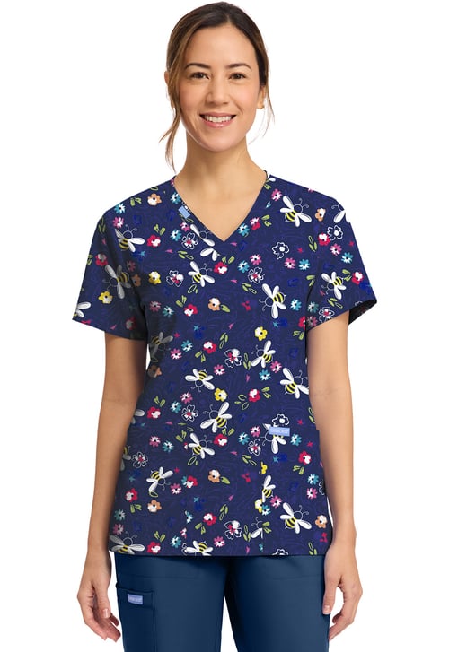 Cherokee Prints V-Neck Top in BUMBLE BEE BLOOM CK856 BMBE - XS - Signature Scrubs