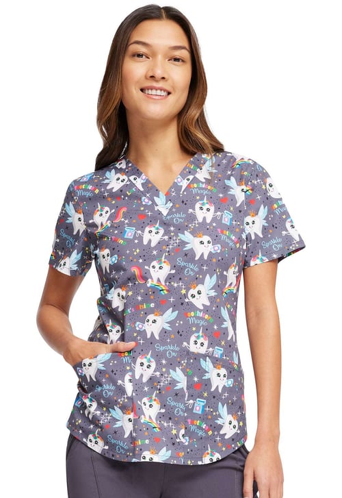 Cherokee Prints V-Neck Print Top in Toothicorn Magic CK652 TCMG - X-SMALL - Signature Scrubs