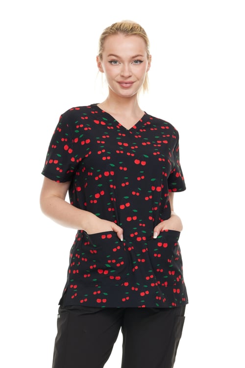 24pcs Women's Scrub Top V-Neck Cherry Print - DDPT033