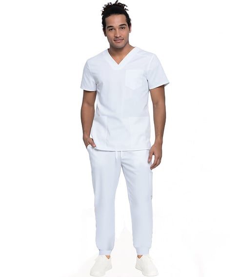 Unisex Jogger Scrub Set 6 Pockets Half Sleeves, Top 3 Pockets (1 Chest Pocket and 2 Lower Pockets) and Jogger Pant 3 Pockets (2 Side Pockets, 1 Back Pocket) with Full Elastic Waistband and Drawstring (Twill White)