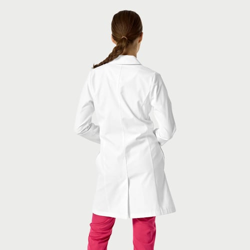 Women's Long Lab Coat, women long lab coat, women long lab, long lab coat, women long, long lab, lab coat, women, long, lab, coat, body length size, length size one, size one chest, one chest pocket, chest pocket two, pocket two large, two large bottom